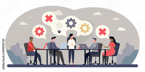Team meeting with brainstorming and problem solving concepts illustrated visually
