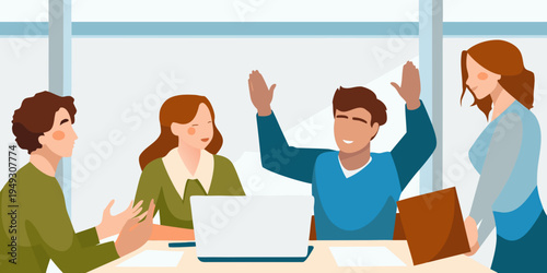 Team celebrating success with raised hands during a meeting