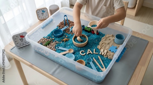 Child playing with sensory bin filled with blue rice and toys on a table indoors