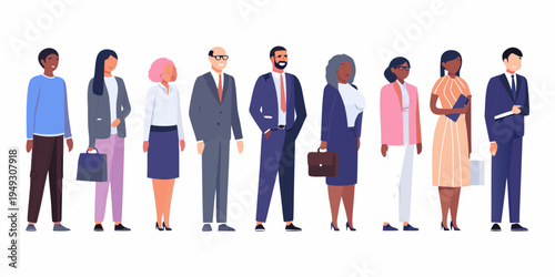Diverse group of business professionals standing in a row full body