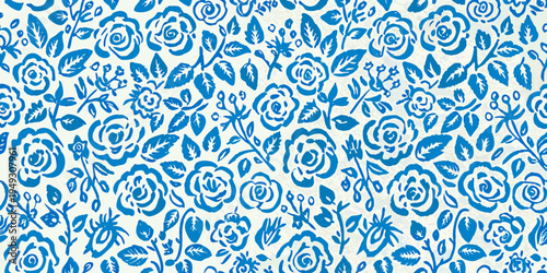 Blue and white floral pattern with stylized rose illustrations