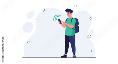 Young man with backpack using smartphone with wifi signal icon, modern flat illustration