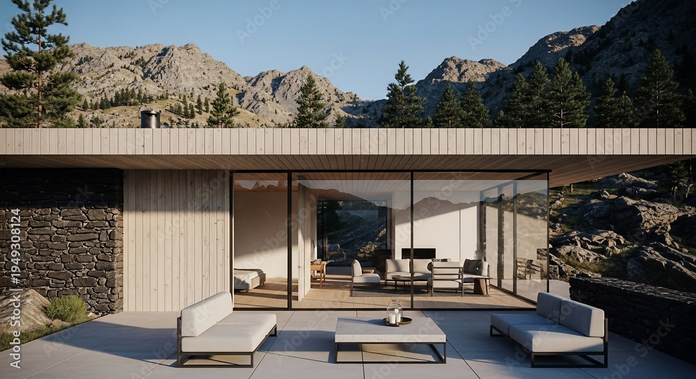 Fototapeta premium Modern minimalist house with large glass windows and outdoor patio overlooking rocky mountains under a clear sky.