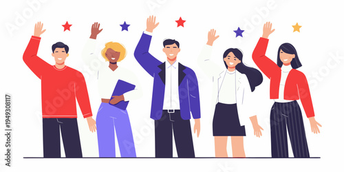 Diverse group of people celebrating success with raised hands and stars