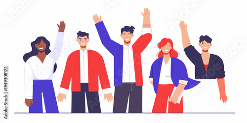 Diverse group of people cheerfully raising their hands in celebration