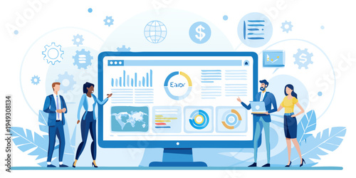 Team analyzing data and financial reports on a large computer screen