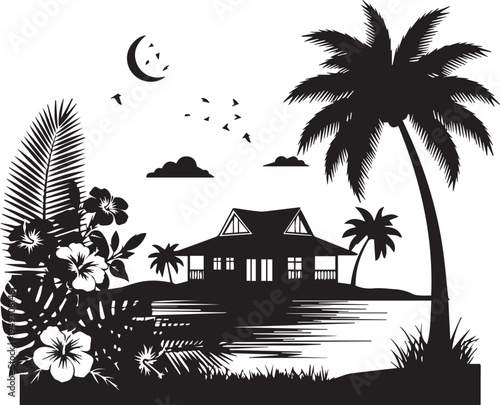 Tranquil tropical house by the serene waters under the moonlight