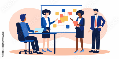 Team collaborating with sticky notes on a whiteboard during a business meeting