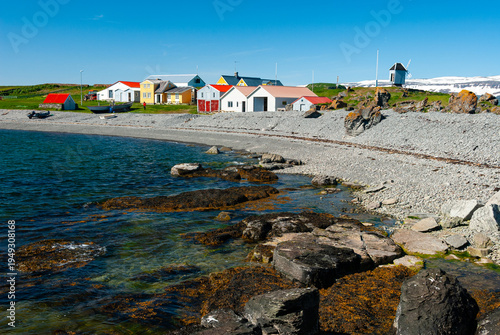 Colorful houses on Vigur island in Ísafjarðardjúp fjord Westfjords Iceland with calm coastal landscape and traditional rural scenery