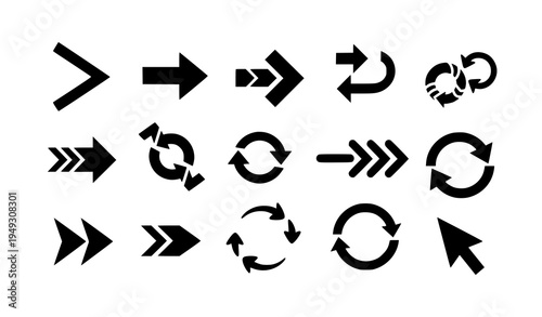 Modern black arrow icon collection with navigation direction symbols and cursor pointers vector