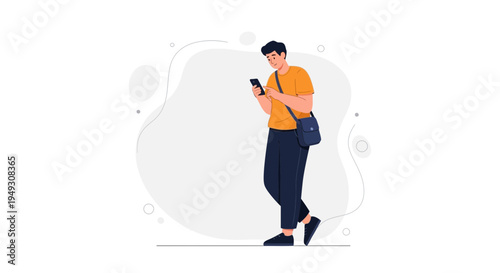 Young man in orange t-shirt using smartphone, standing on gray background