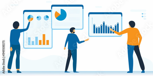 Team analyzing data visualizations on multiple digital screens