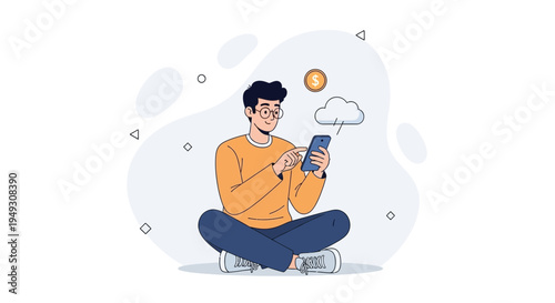 Man using smartphone with cloud and coin icons, online finance concept