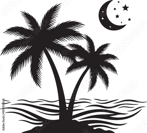 Tranquil tropical scene under a crescent moon with palm trees and waves