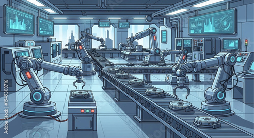 Automated Robotic Arms Working on a Modern Assembly Line.