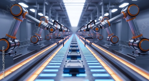Robotics assemble vehicles on an automated factory production line, futuristic setting
