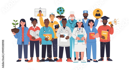 Diverse Group of Essential Professionals: Healthcare, Education, Environment, and Community Support