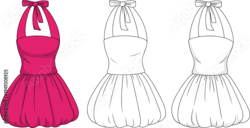 Elegant pink halter bow dress vector illustration, fashion sketch template set, sleeveless party gown design, clothing mockup, feminine apparel concept, isolated on gray background