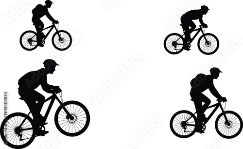 Collection of black silhouette icons mountain biker riding downhill bike, cyclist in helmet on MTB bicycle sport action vector set 