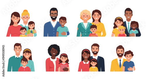 Diverse Happy Family Portraits Collection: Parents, Grandparents, and Children Smiling Together - Vector Avatars