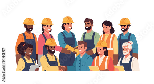Diverse Industrial Workers Shaking Hands. Teamwork, Collaboration, and Unity in Construction & Skilled Trades.