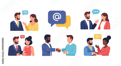 Diverse Business People Communicating, Discussing, Negotiating, and Collaborating: Set of Vector Illustrations