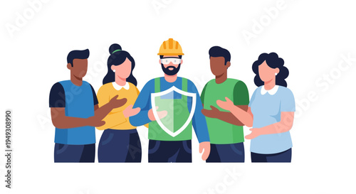 Workforce Safety & Protection: Diverse Team with Worker Holding Shield, Symbolizing Insurance & Security