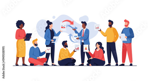 Diverse Business Team Collaboration: Professionals Exchange Data Documents, Analyze Charts & Reports for Project Strategy, Teamwork & Communication