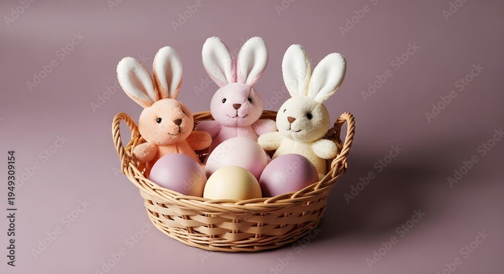 Naklejka premium Three adorable pastel colored easter bunnies in a wicker basket on a soft mauve background
