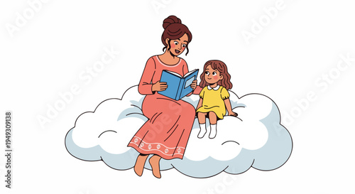 Cartoon illustration of a loving mother reading a storybook to her young daughter while sitting on a soft, dreamy cloud, representing imagination and learning.