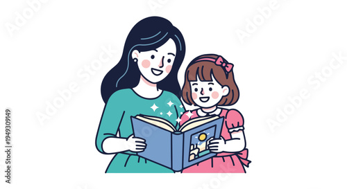 Mother and daughter happily reading a storybook together, fostering learning and bonding time, a heartwarming family moment illustration.