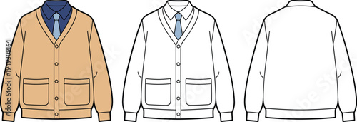 Men cardigan sweater vector illustration, button up knitwear with pockets, front and back view clothing design template, casual fashion apparel sketch