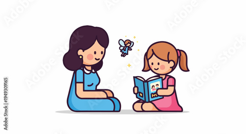 Charming illustration of a mother and daughter reading a magical storybook together, sparking imagination and wonder with a glowing fairy.