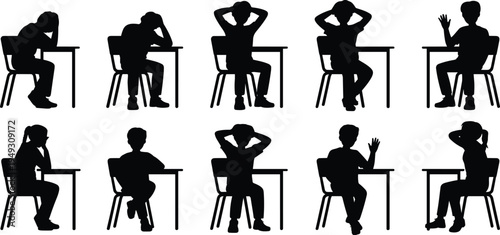 Collection of black silhouette icons school children sitting at desk, bored student thinking, raising hand, classroom pupil poses vector set 