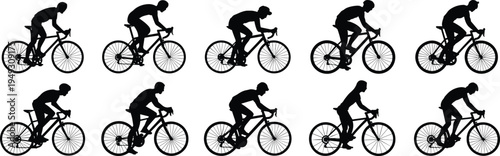 Collection of black silhouette icons road cyclists in racing pose, professional bike riders on drop handlebar bicycles sport action vector set 