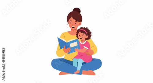 Happy mother reading a storybook to her cute little daughter, fostering imagination and early childhood education at home.