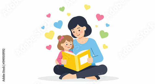 Loving mother and happy daughter enjoy quality time together, reading a storybook surrounded by colorful hearts, symbolizing family bond, education, and childhood joy.