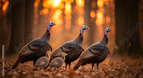 Three wild turkeys and a poult in a forest clearing at sunset