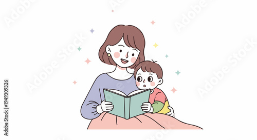 Mother reading a book to her child, illustration of family bonding and childhood education, happy moments together