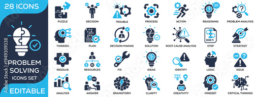 Problem solving solid icon set featuring decision making, strategy, analysis, brainstorming, critical thinking, and solution development. Flat vector icons for business, innovation, and management pro