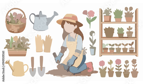 Cute watercolor gardener woman with gardening tools plants flowers and pots vector garden illustration set