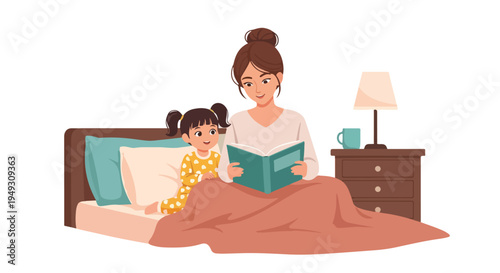 Mother reading a bedtime story to her daughter in bed, cozy and loving family moment