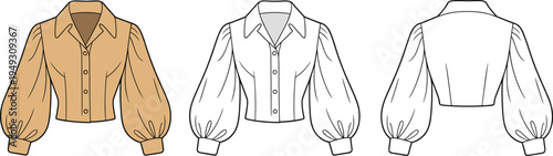 Women cropped blouse vector illustration, button up long sleeve top fashion design template, front and back view garment technical sketch