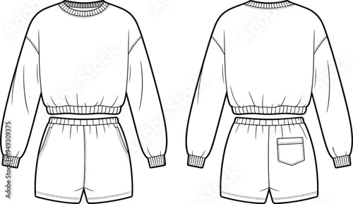 Women casual sweatshirt and shorts set vector illustration, front and back view clothing design template, sporty loungewear outfit technical fashion sketch