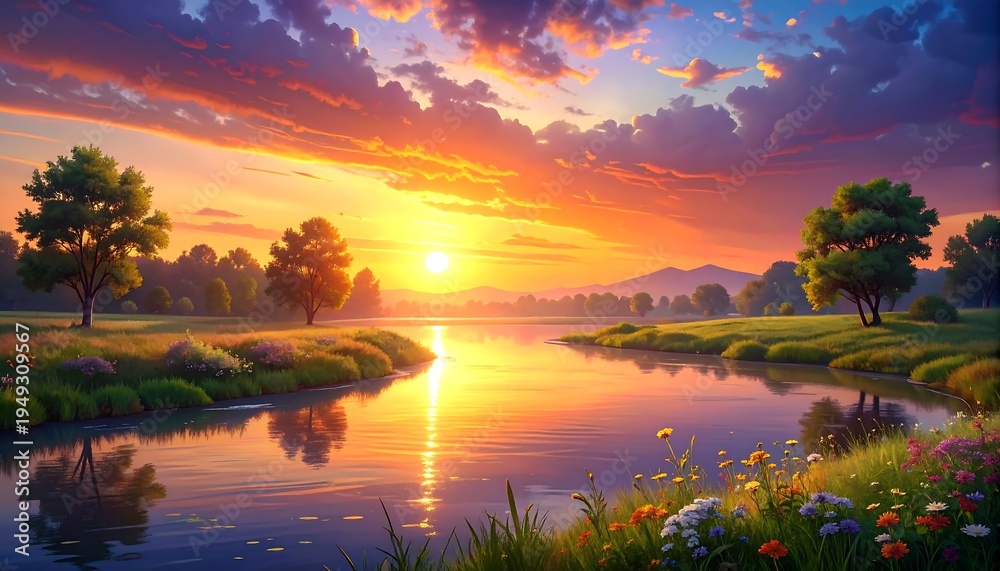 Fototapeta premium Colorful sunrise over a calm river. Lush landscape with trees and wildflowers