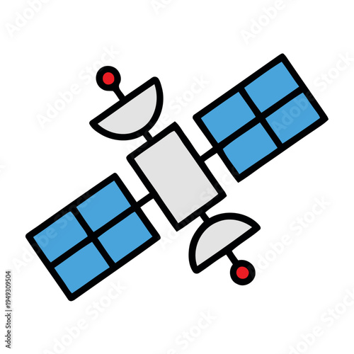 Simple flat icon of a space satellite with blue solar panels and antennae, representing communication, technology, and orbital research.