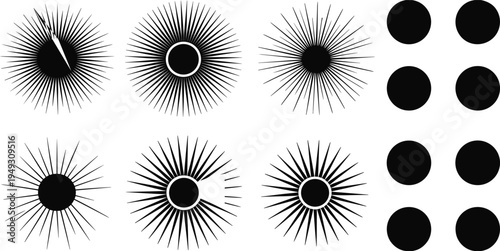 Black and white radial patterns with circular dots in a grid arrangement black circles white background