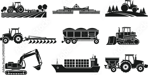 Agricultural and construction machinery silhouettes vector set, tractors excavator cargo ship and farming equipment collection, industrial transport icons