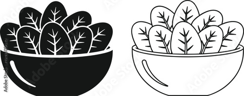 Spinach Leaves in Bowl Vector Illustration Set Featuring Black Silhouette and Outline Icon Designs for Healthy Eating Salad and Vegan Food