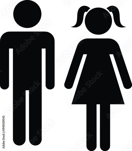 Boy and girl silhouette icon set, children standing together, brother and sister symbols, kids restroom sign, childhood friendship vector illustration.